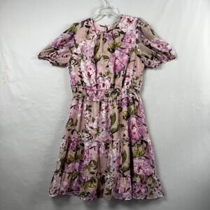 Julia Jordan Dress size 16 Pink Ruffle Floral Metallic Clip Dot Smocked Tiered